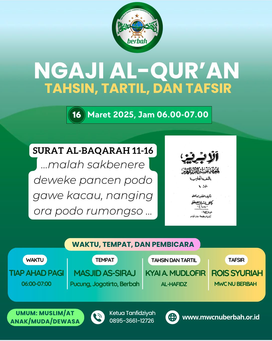 Tahsin, Tartil dan Tafsir Tiap Ahad Pagi oleh MWC NU Berbah