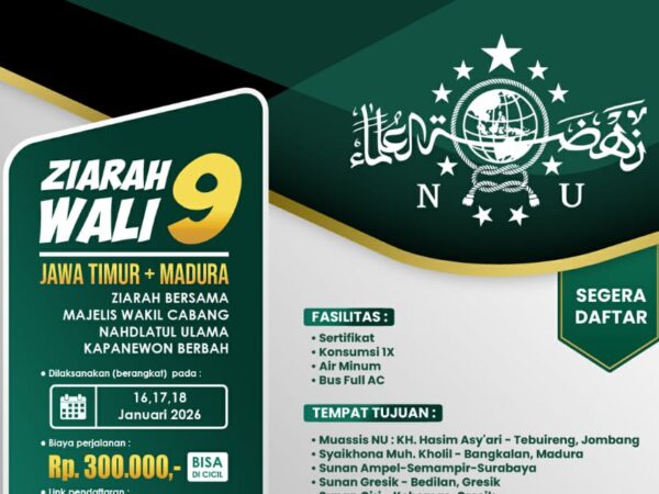 PENGUMUMAN KEGIATAN  ZIARAH 9 WALI JATIM + MADURA MWC NU KAPANEWON BERBAH JANUARI 2026