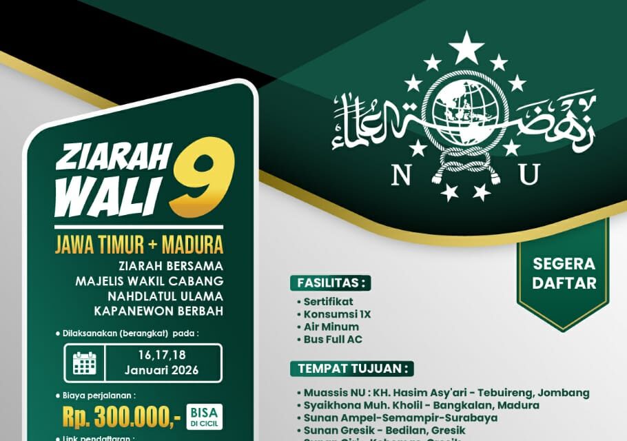 PENGUMUMAN KEGIATAN  ZIARAH 9 WALI JATIM + MADURA MWC NU KAPANEWON BERBAH JANUARI 2026